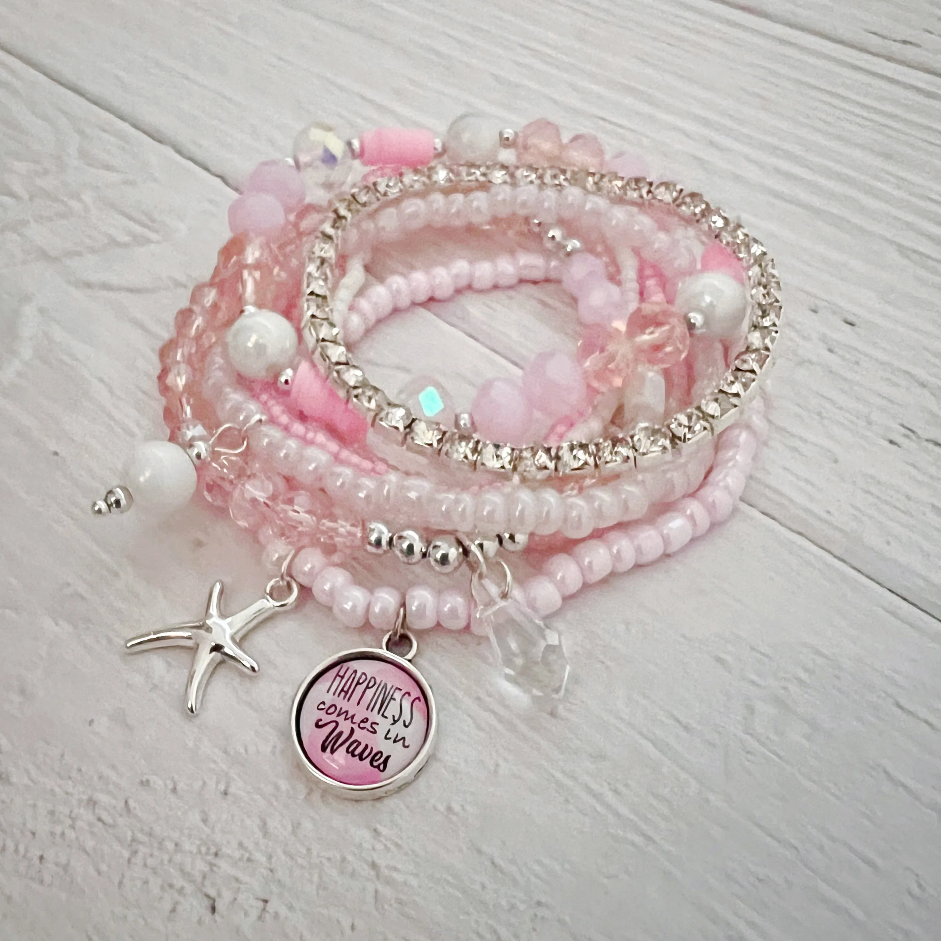 Happiness Comes In Waves Bracelet Set- PINK