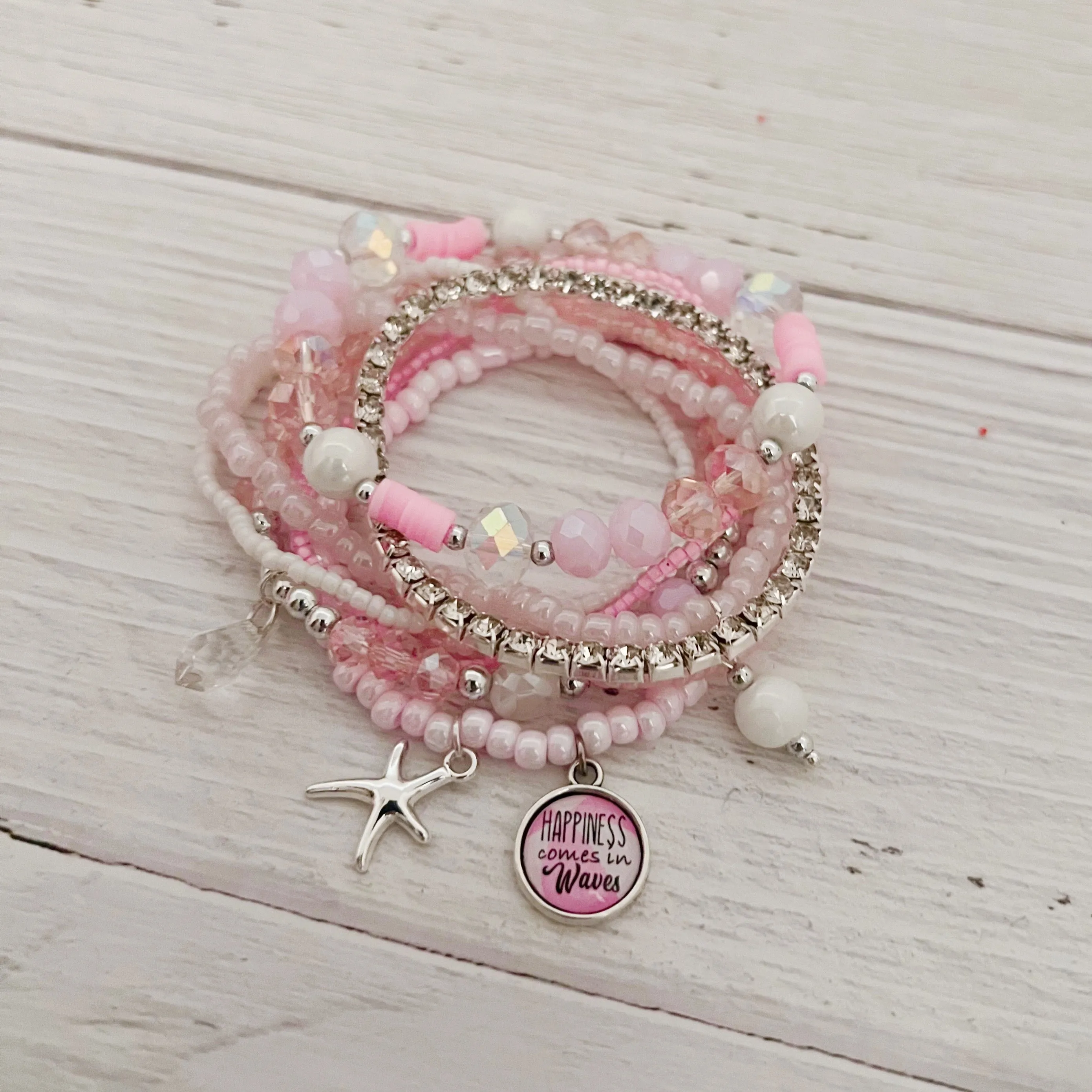 Happiness Comes In Waves Bracelet Set- PINK