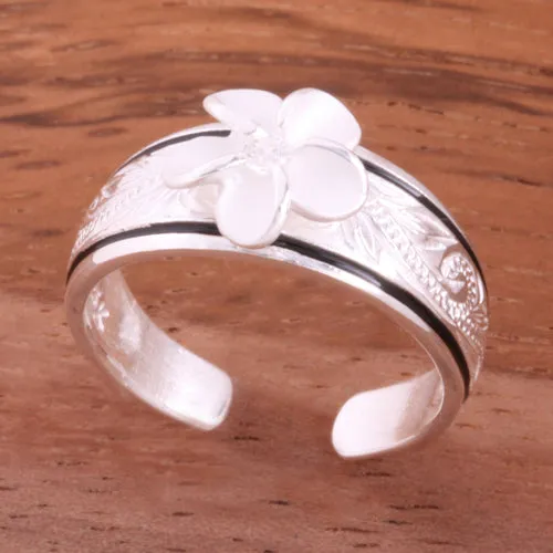 Hawaiian Scroll Black Border 8mm Plumeria with Clear CZ Smooth Edge Toe Ring