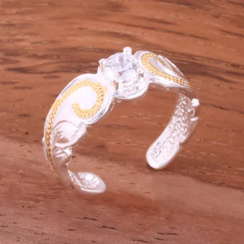 Hawaiian Scroll Two Tone Yellow Gold Plated with Clear Round CZ Cut Out Edge Toe Ring