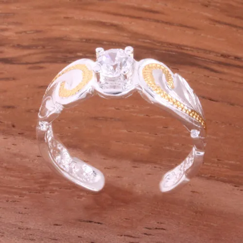 Hawaiian Scroll Two Tone Yellow Gold Plated with Clear Round CZ Cut Out Edge Toe Ring