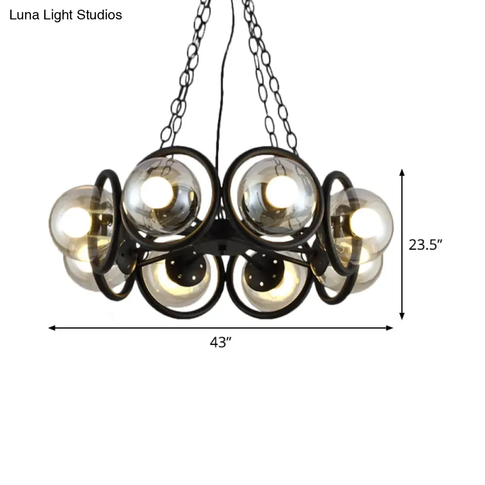 Industrial Black Chandelier Light with Clear Glass Globes and Round Cage - 6/8 Bulbs Pendant Fixture