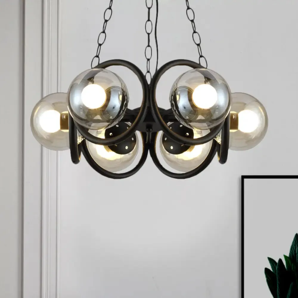 Industrial Black Chandelier Light with Clear Glass Globes and Round Cage - 6/8 Bulbs Pendant Fixture