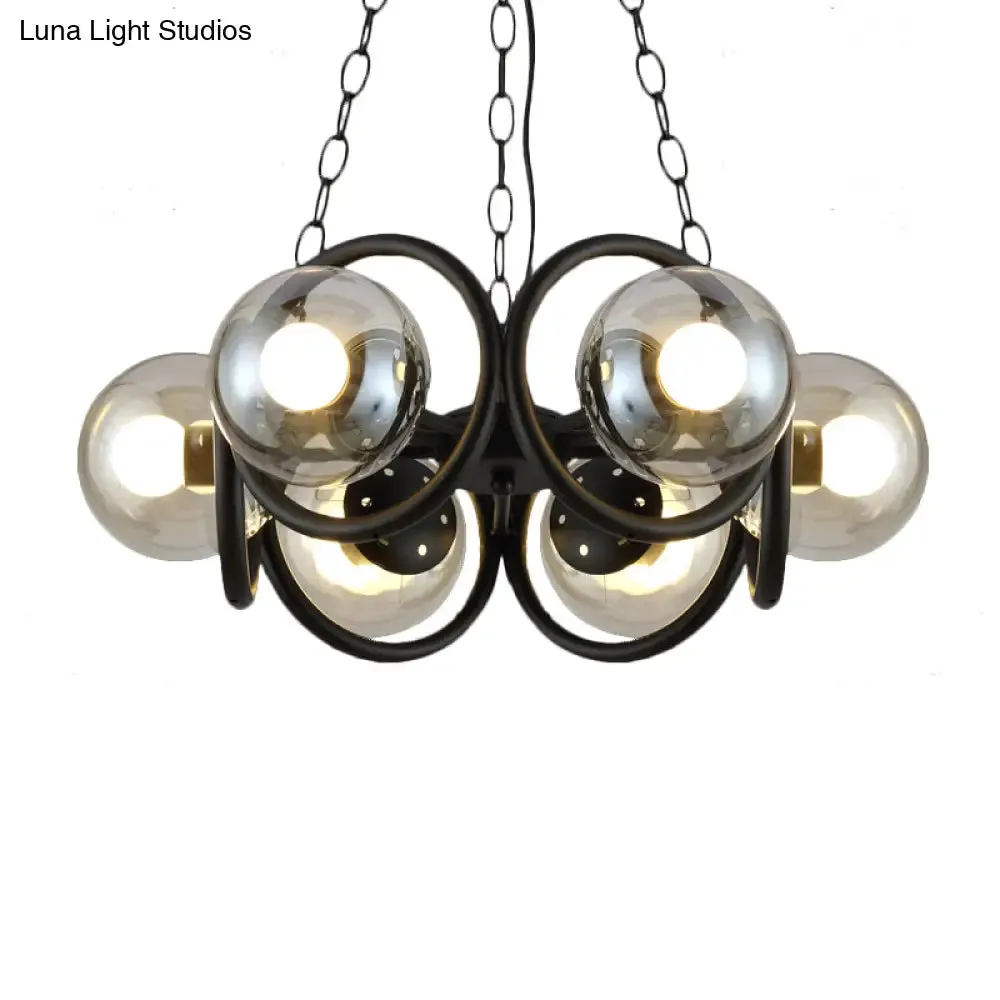 Industrial Black Chandelier Light with Clear Glass Globes and Round Cage - 6/8 Bulbs Pendant Fixture