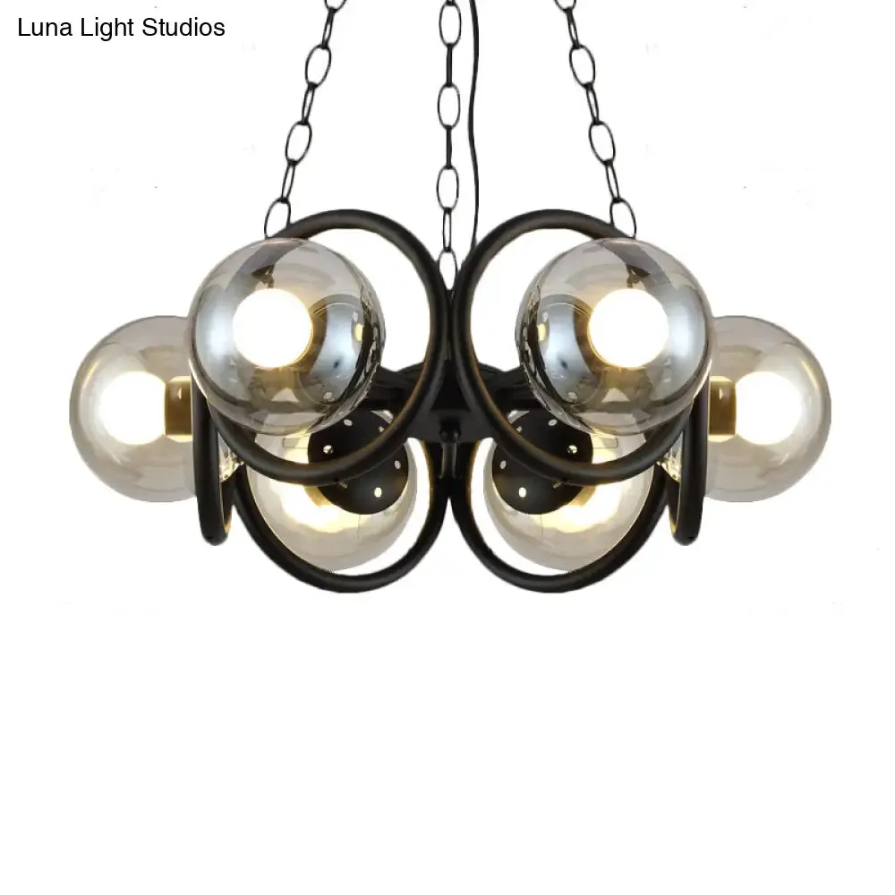 Industrial Black Chandelier Light with Clear Glass Globes and Round Cage - 6/8 Bulbs Pendant Fixture