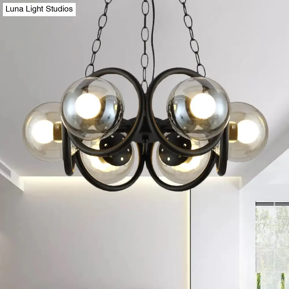 Industrial Black Chandelier Light with Clear Glass Globes and Round Cage - 6/8 Bulbs Pendant Fixture