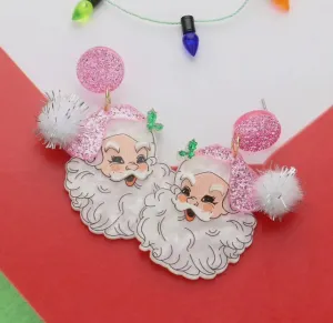 Jewelry - Glittered Resin Pom Santa Dangle Earrings, Pink