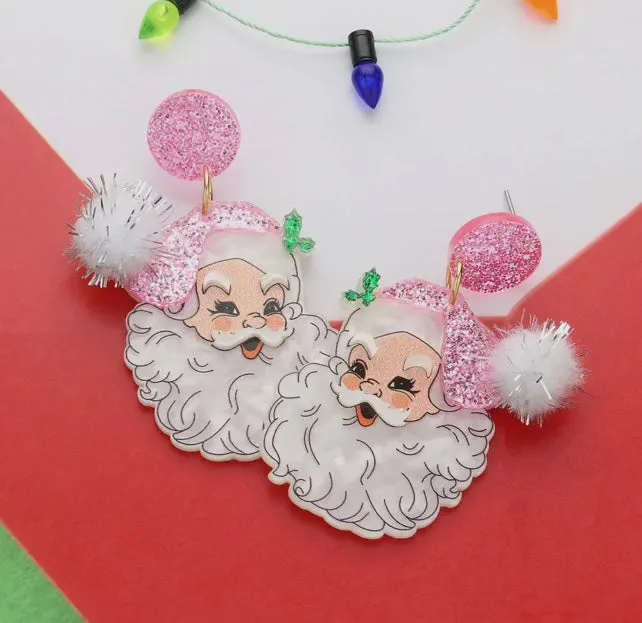 Jewelry - Glittered Resin Pom Santa Dangle Earrings, Pink