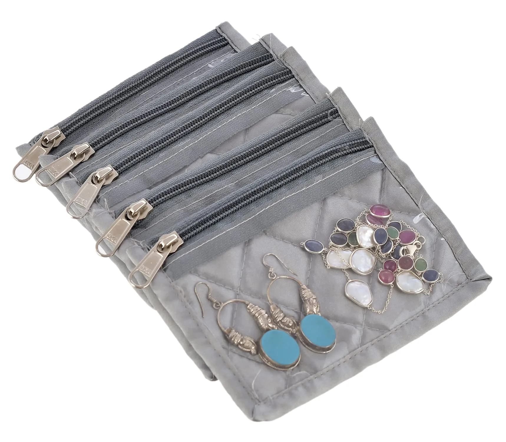 Kuber Industries Laminated PVC Jewelry Organiser Jewelry Storage Bags for Necklace, Earrings, Rings, Bracelet With 10 Transparent Pouches (Grey)-HS43KUBMART26832