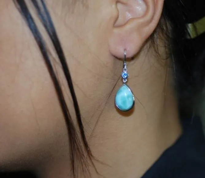 Larimar 14X10mm Pear Shaped Dangle Hook Earring with Aquamarines