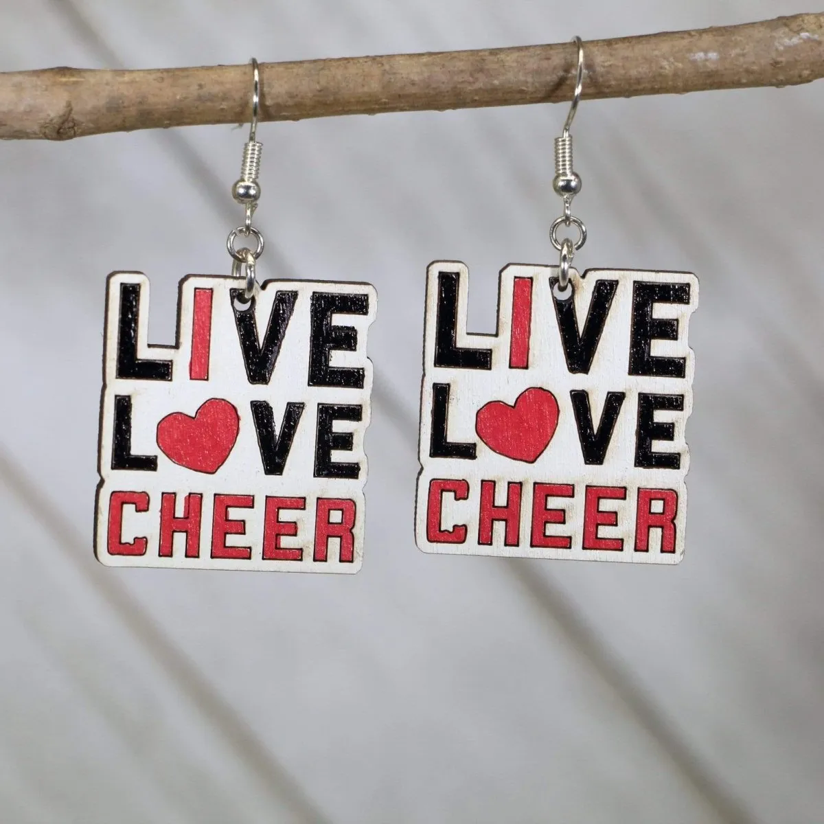 Live, Love, Cheer Wooden Dangle Earrings by Cate's Concepts, LLC