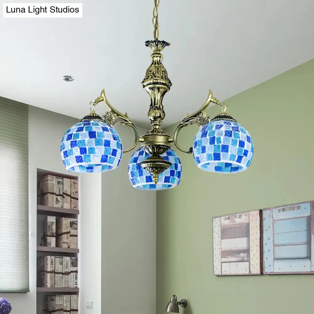 Mediterranean Stained Glass Globe Pendant Light with Blue Lights - Available in 5, 9, or 11