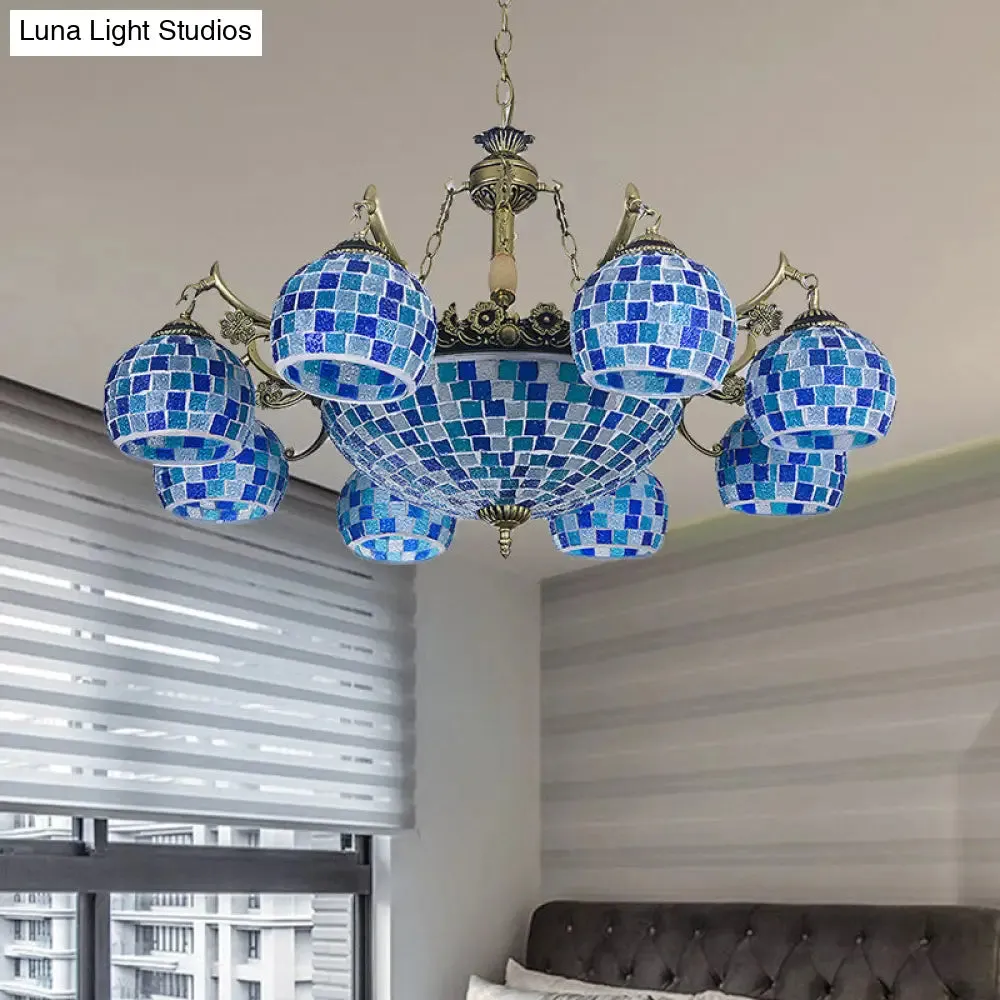 Mediterranean Stained Glass Globe Pendant Light with Blue Lights - Available in 5, 9, or 11