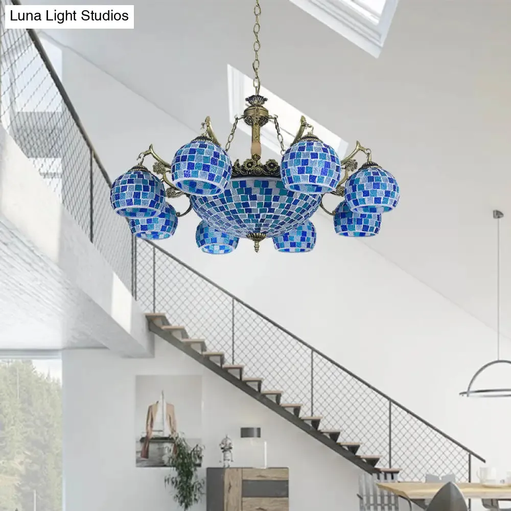 Mediterranean Stained Glass Globe Pendant Light with Blue Lights - Available in 5, 9, or 11