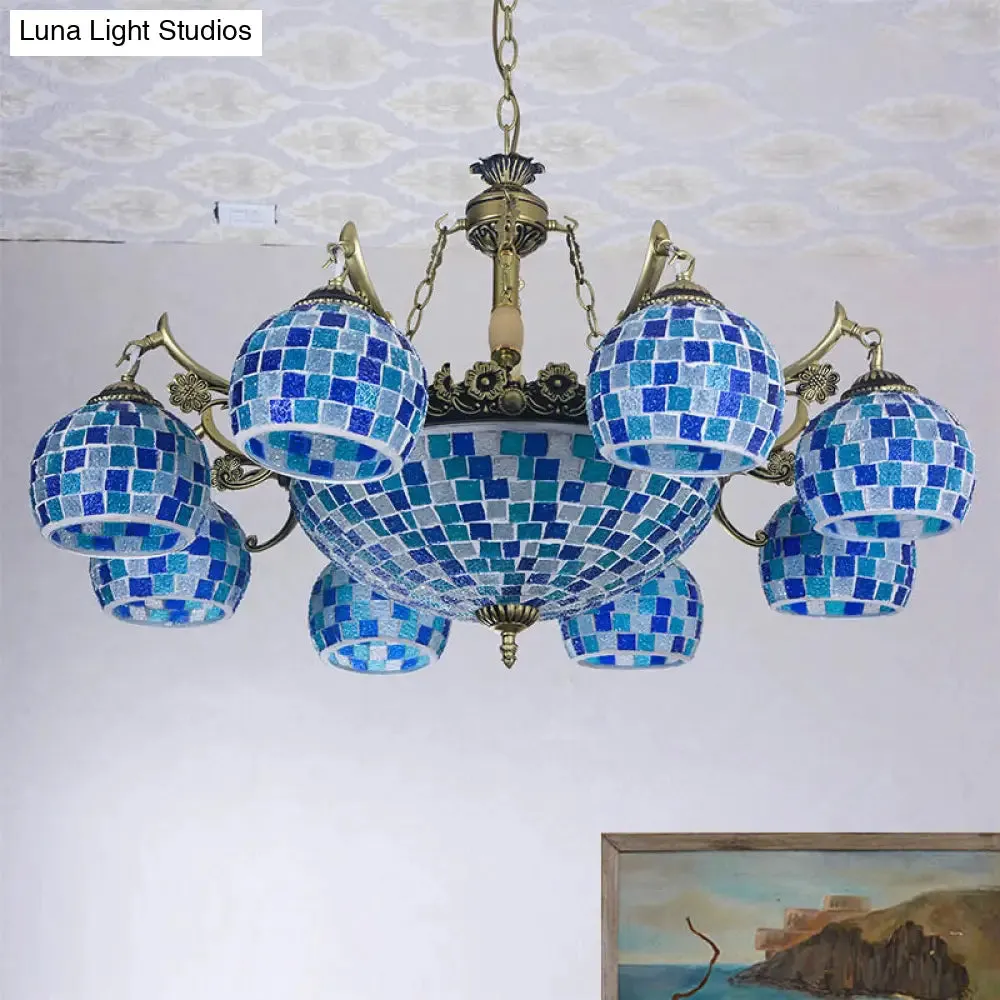 Mediterranean Stained Glass Globe Pendant Light with Blue Lights - Available in 5, 9, or 11