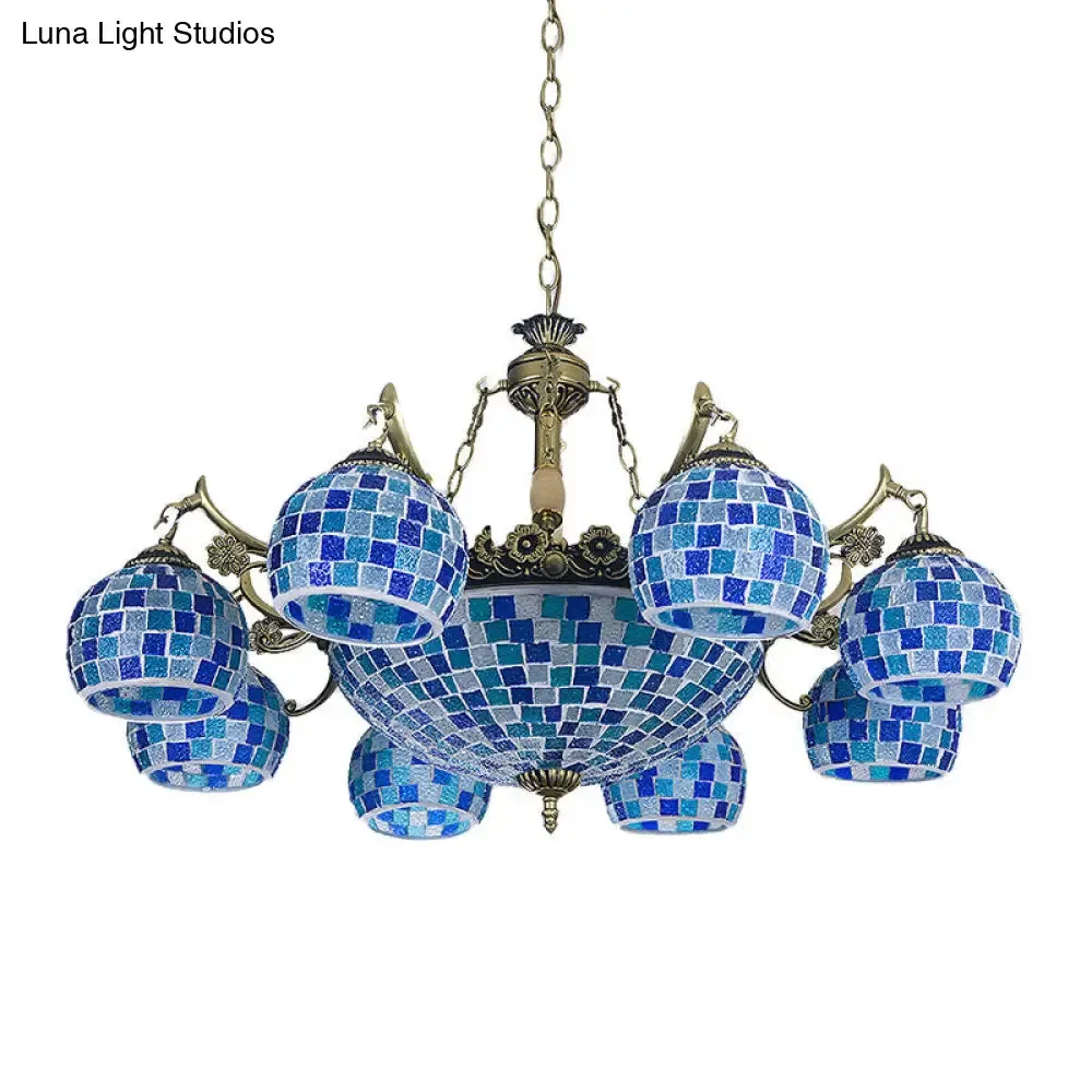 Mediterranean Stained Glass Globe Pendant Light with Blue Lights - Available in 5, 9, or 11