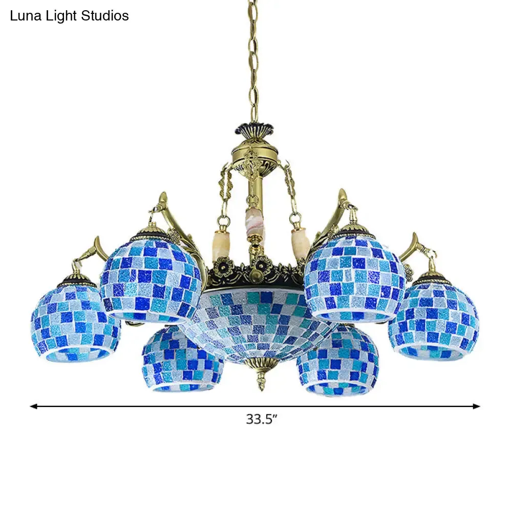 Mediterranean Stained Glass Globe Pendant Light with Blue Lights - Available in 5, 9, or 11