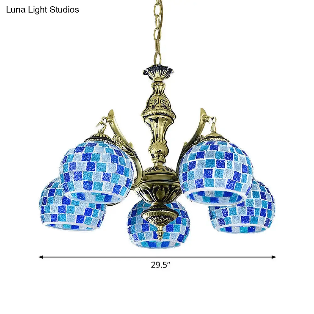 Mediterranean Stained Glass Globe Pendant Light with Blue Lights - Available in 5, 9, or 11