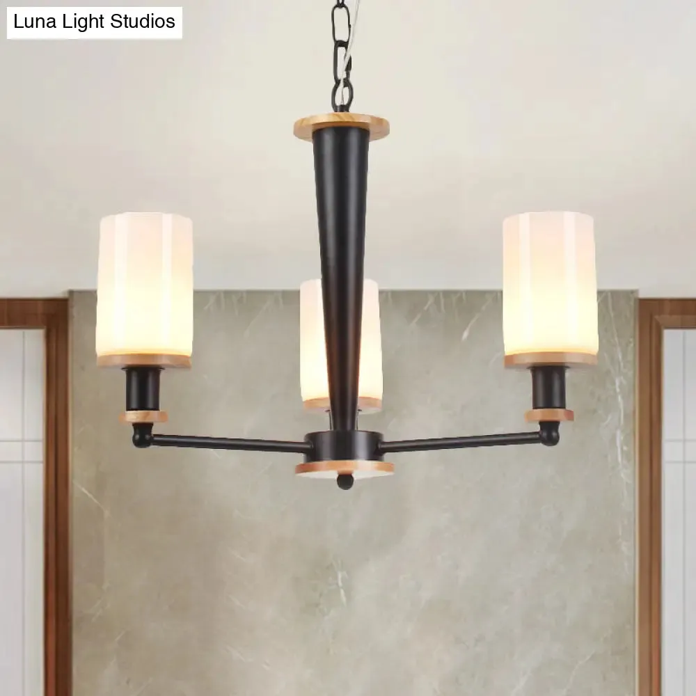 Mid-Century Opal Frosted Glass Chandelier - 3-Light Pendant Ceiling Light in Black