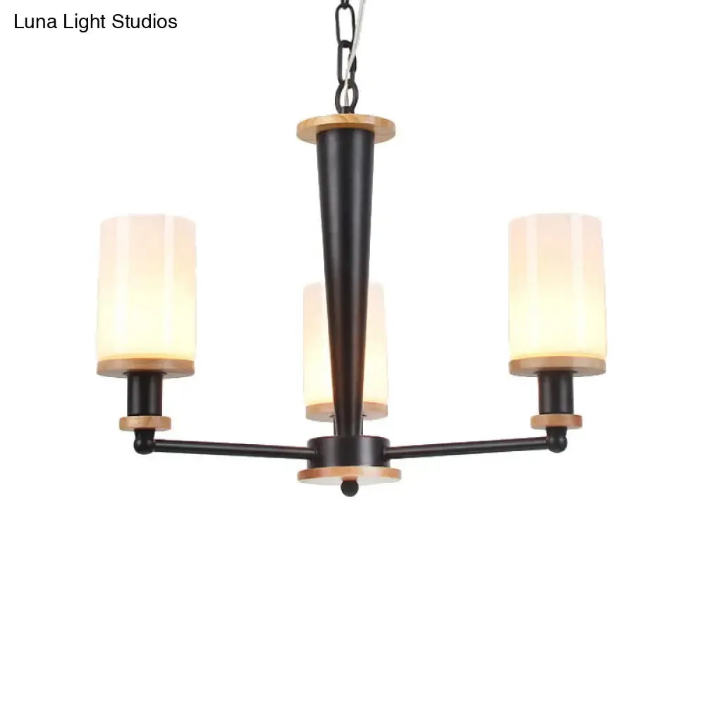 Mid-Century Opal Frosted Glass Chandelier - 3-Light Pendant Ceiling Light in Black