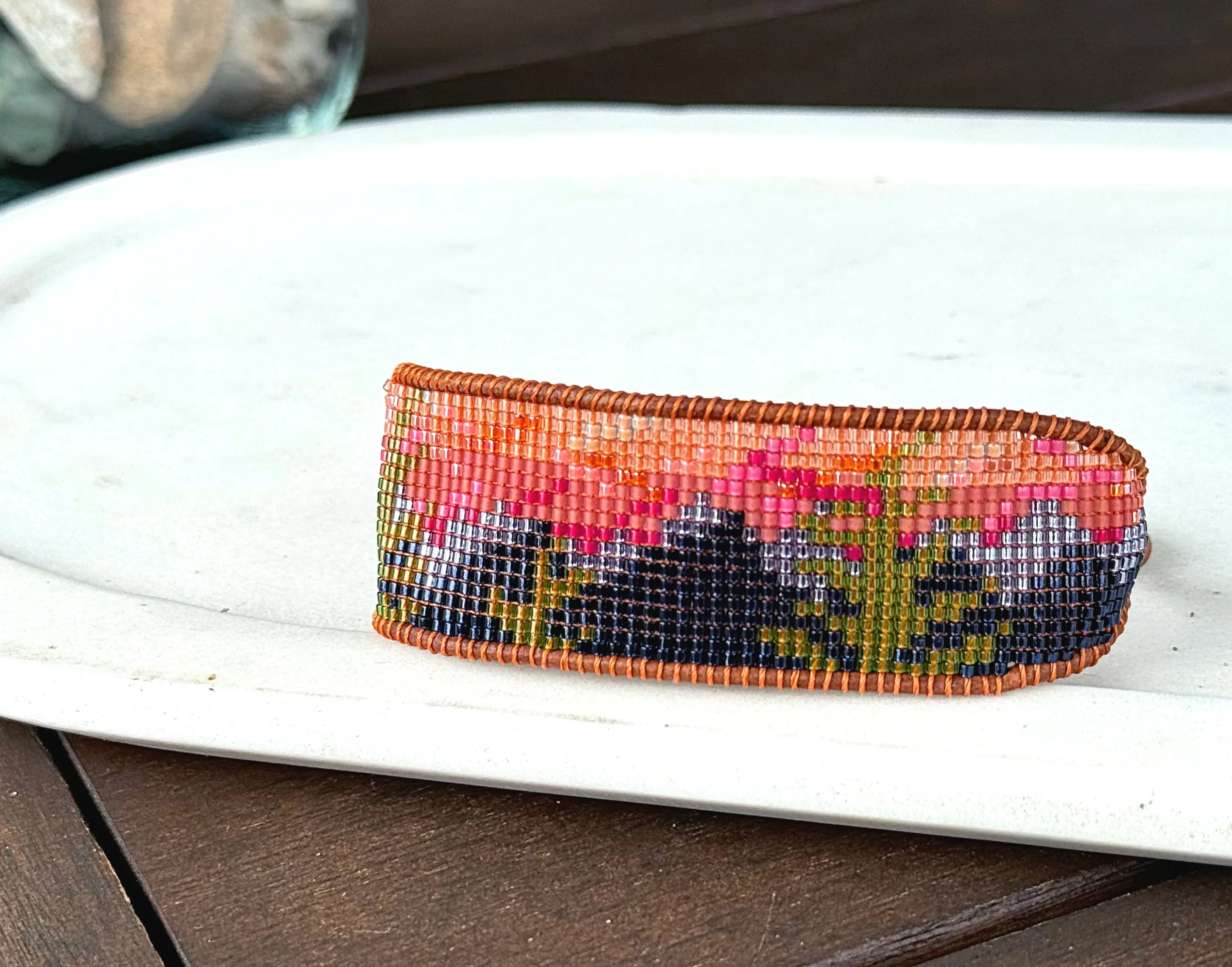 Mountain Sunset Bead Loom Woven Cuff Bracelet with Leather Trim