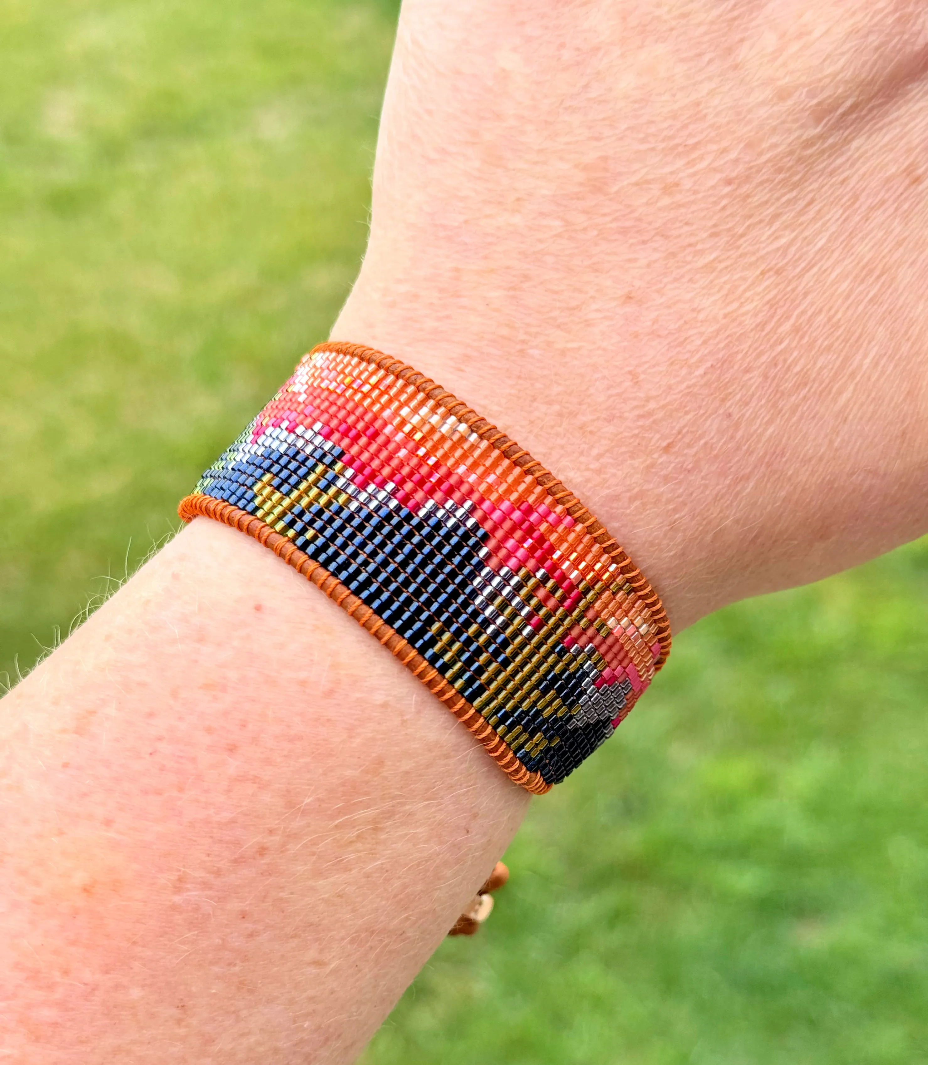 Mountain Sunset Bead Loom Woven Cuff Bracelet with Leather Trim