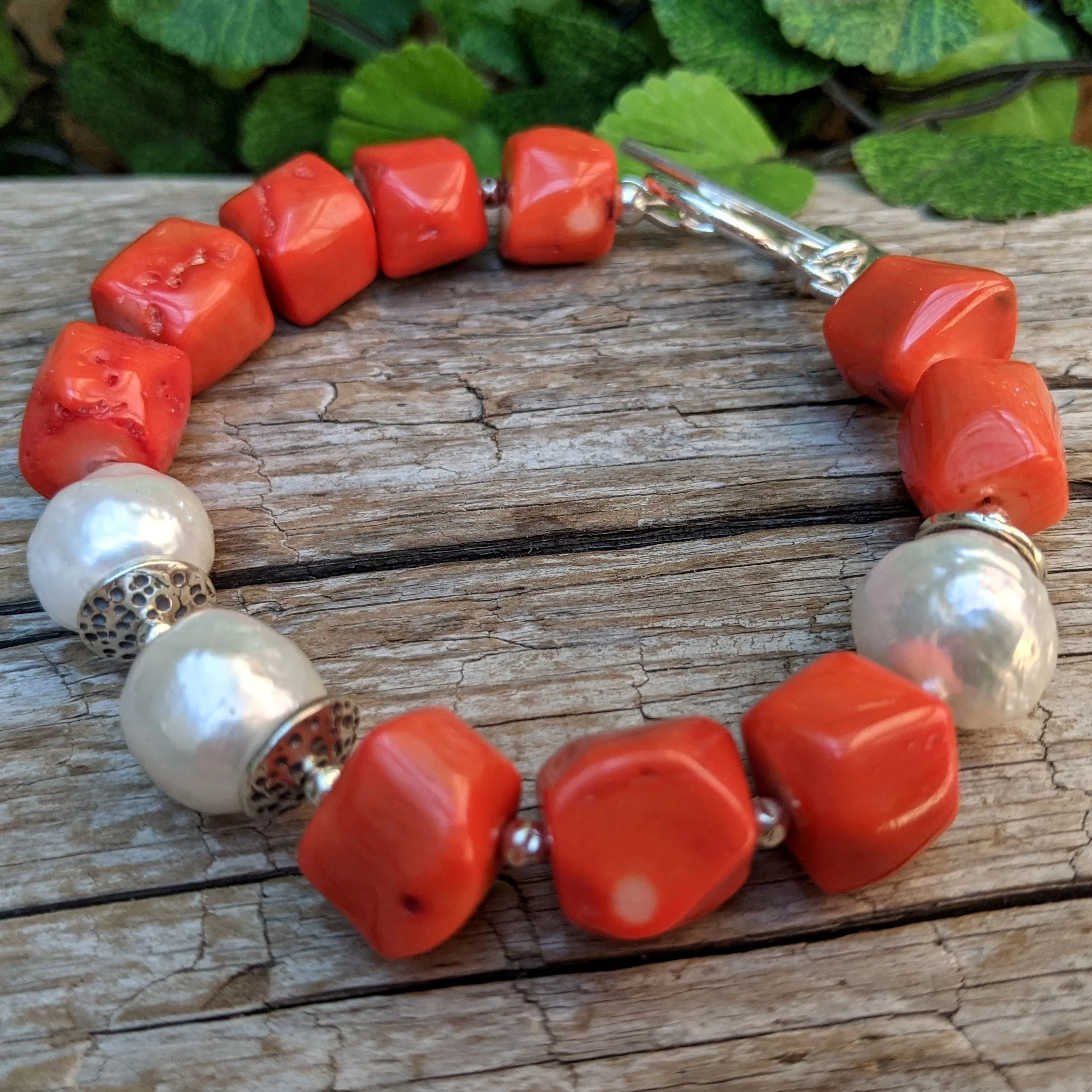 Orange Coral & Big White Edison Pearl Bracelet