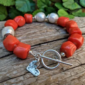 Orange Coral & Big White Edison Pearl Bracelet