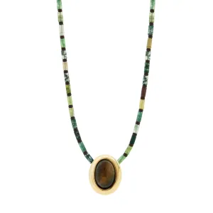 Oval Tiger's Eye Cabochon on Agate Beaded Necklace