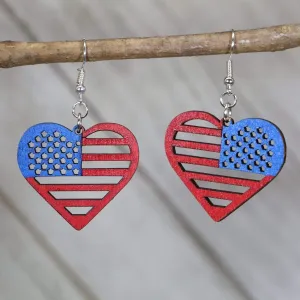 Patriotic USA Cutout Heart-shaped Flag Wooden Dangle Earrings by Cate's Concepts, LLC