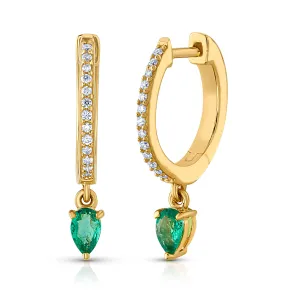 PEAR EMERALD DIAMOND HUGGIES, 14kt Gold