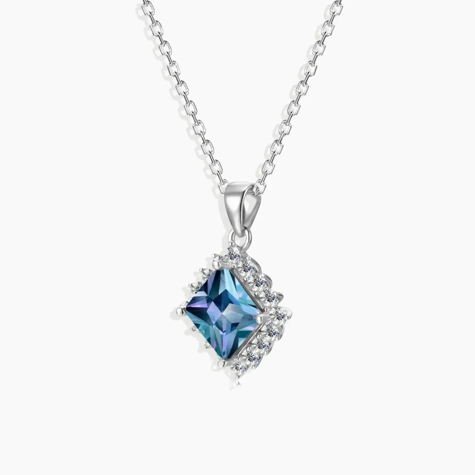 Princess Cut Alexandrite Halo Pendant Necklace in 925 Sterling SIlver - Irosk ®