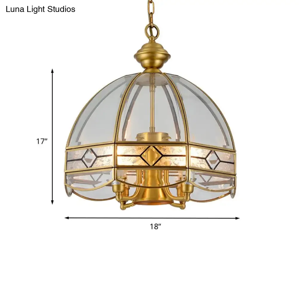 Retro 4-Head Brass Chandelier - Dome Clear Glass Pendant Light for Dining Room Ceiling