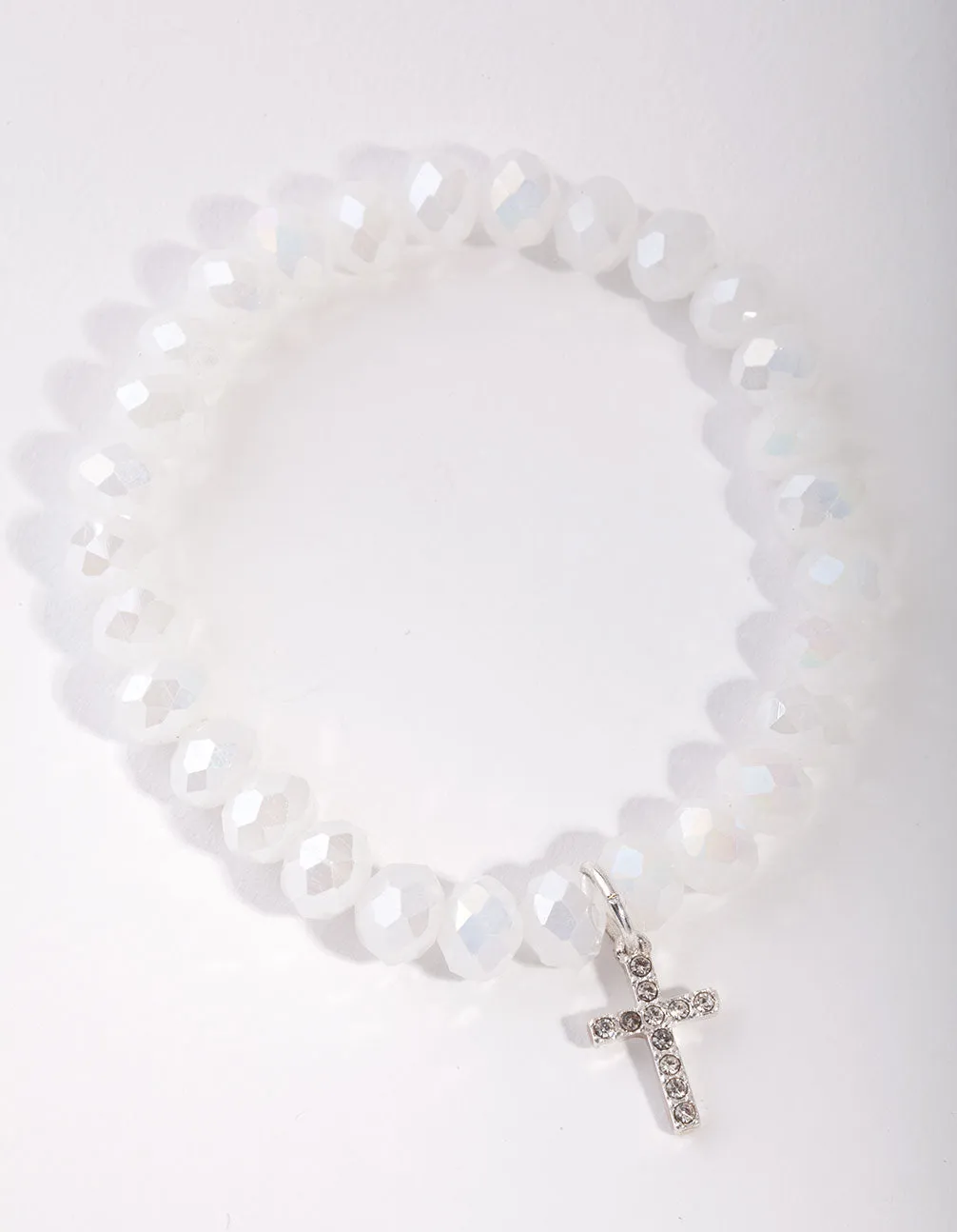 Rhodium Diamante Cross Facet Bead Bracelet