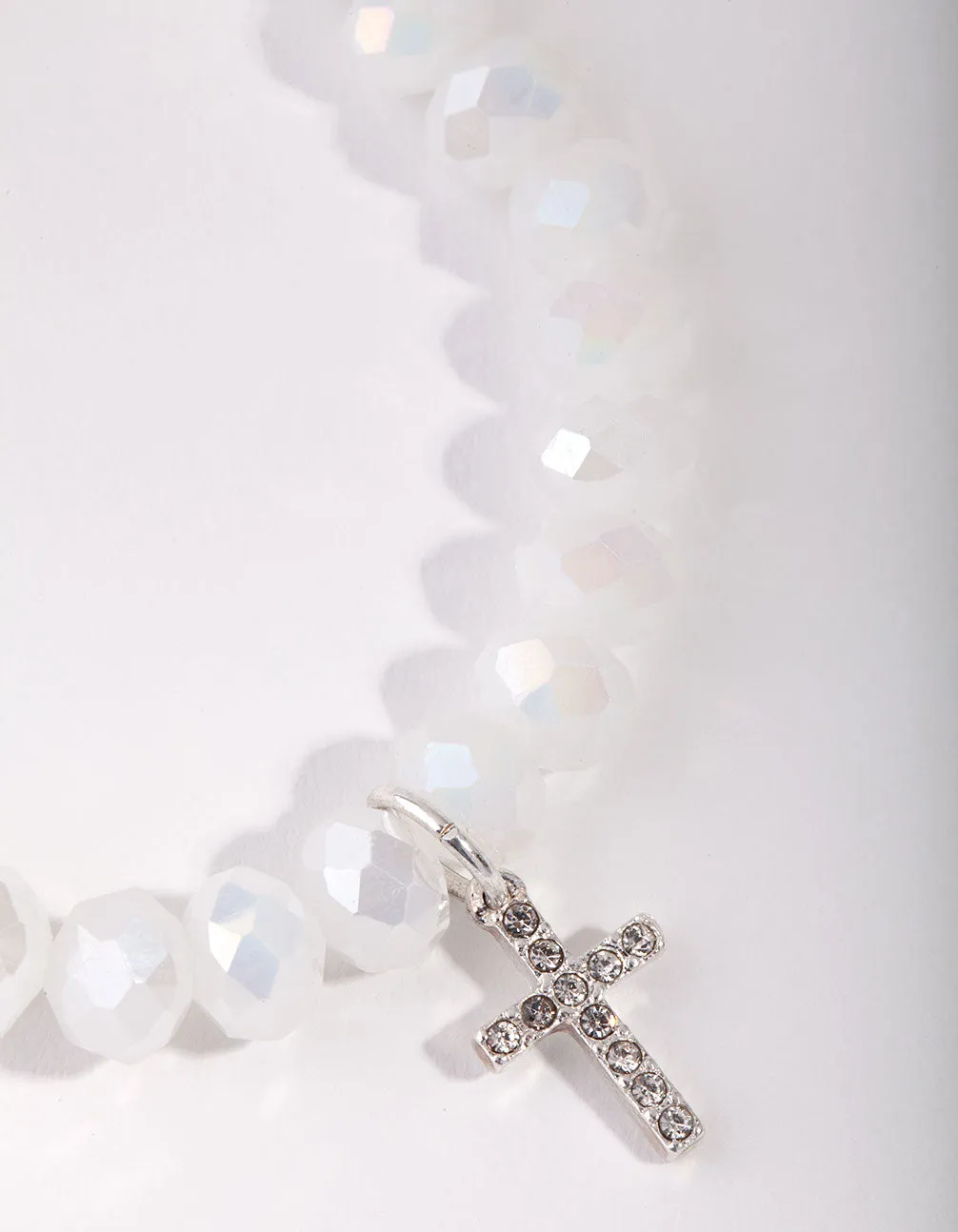 Rhodium Diamante Cross Facet Bead Bracelet