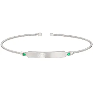 Rhodium Finish Sterling Silver Cable Cuff Bracelet with Name Plate and Simulated Emerald Birth Gems - May