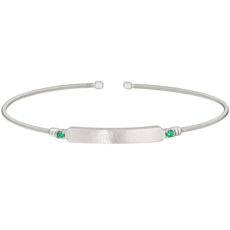 Rhodium Finish Sterling Silver Cable Cuff Bracelet with Name Plate and Simulated Emerald Birth Gems - May