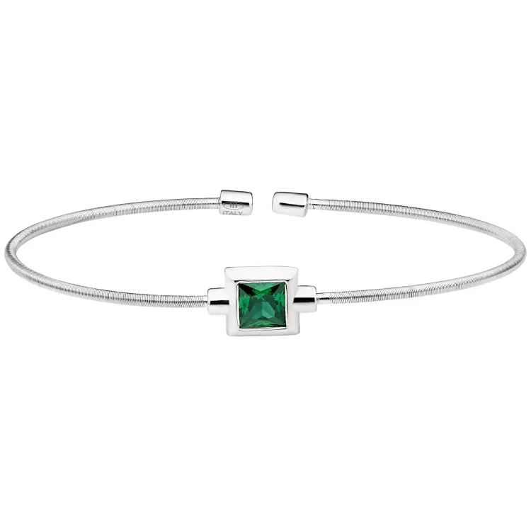 Rhodium Finish Sterling Silver Cable Cuff Bracelet with Princess Cut Simulated Emerald Birth Gem