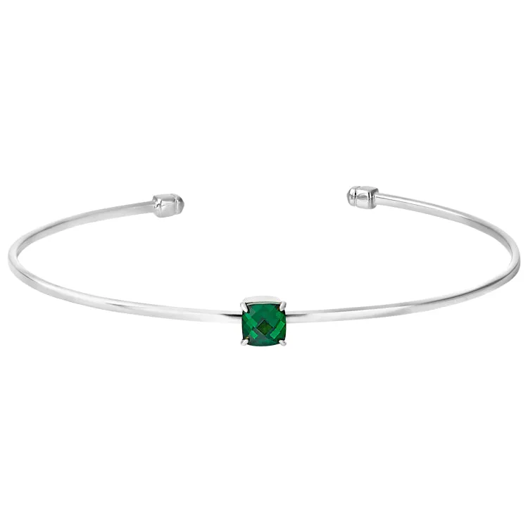 Rhodium Finish Sterling Silver Pliable Cuff Bracelet with Faceted Cushion Cut Simulated Emerald Birth Gem - May