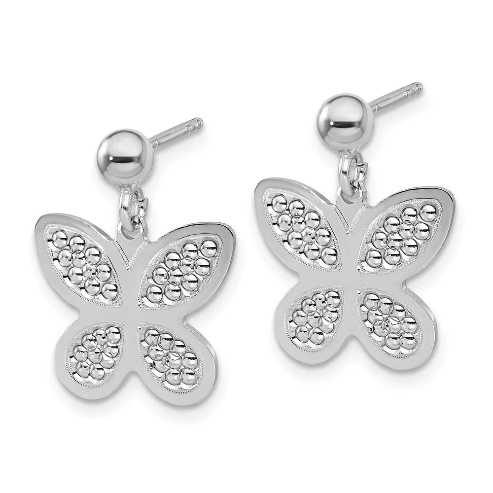 Rhodium-plated Sterling Silver Polished Beaded Butterfly Earrings