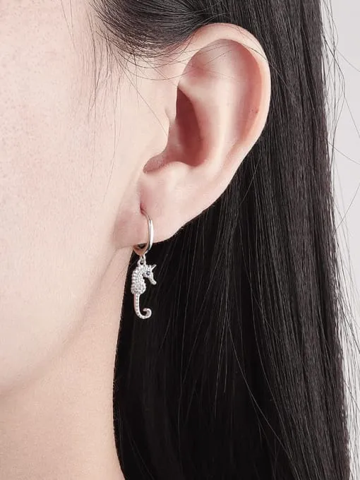 Seahorse Charm Hoop Earrings, .925 Sterling Silver Hypoallergenic Huggie Earrings