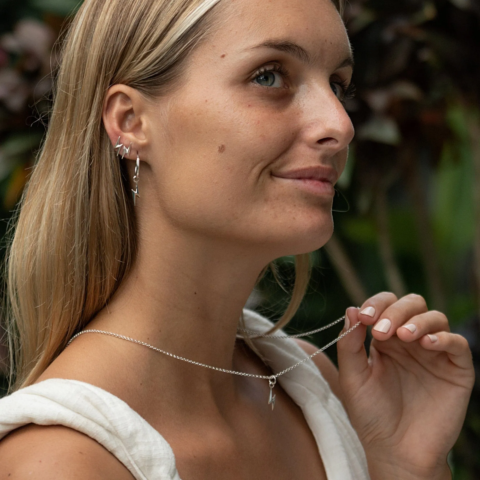 Silver Lightning Bolt Charm Hoop Earrings