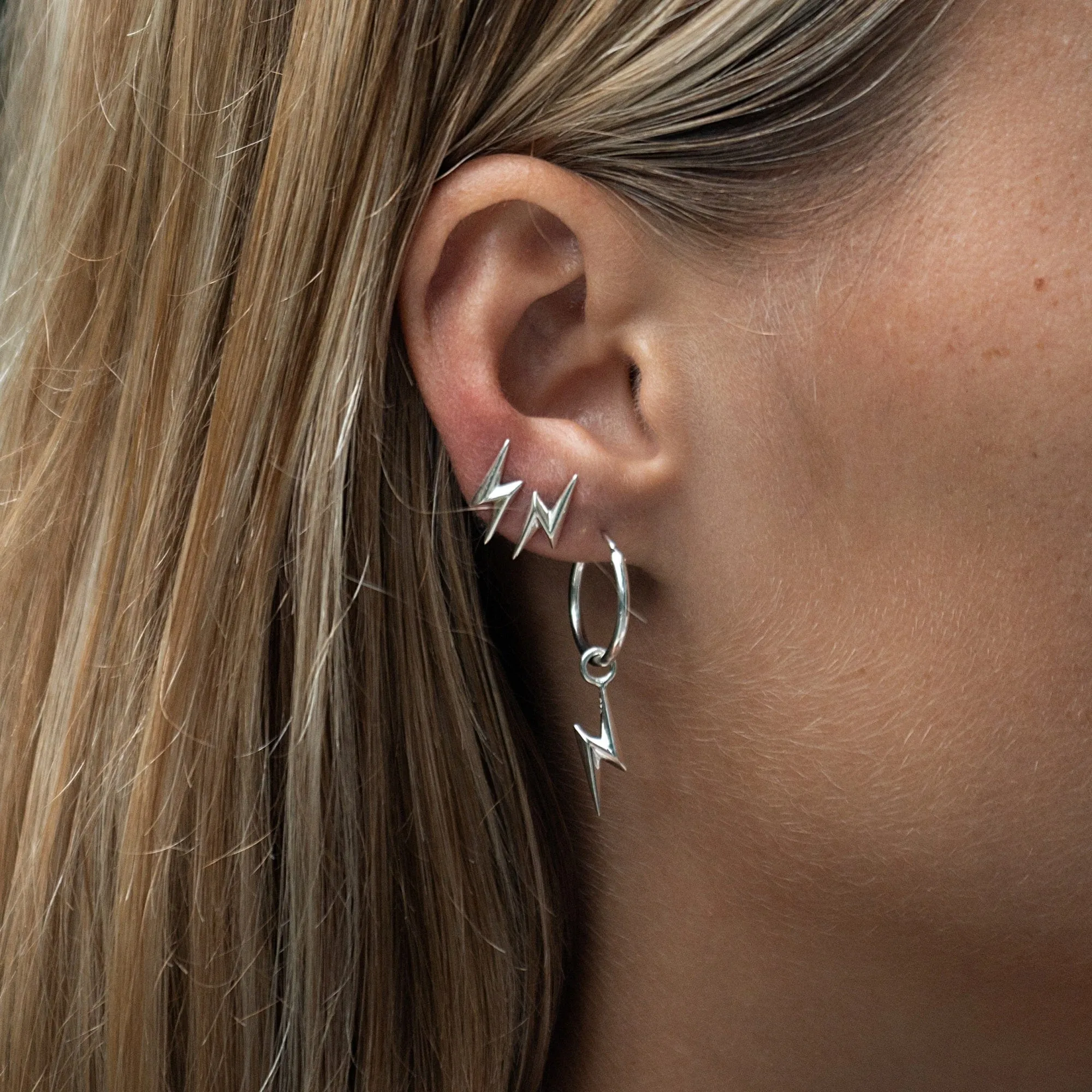 Silver Lightning Bolt Charm Hoop Earrings