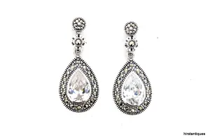 Silver Marcasite Clear Cubic zirconia Bridal Earrings Vintage Wedding Large Tear Drop