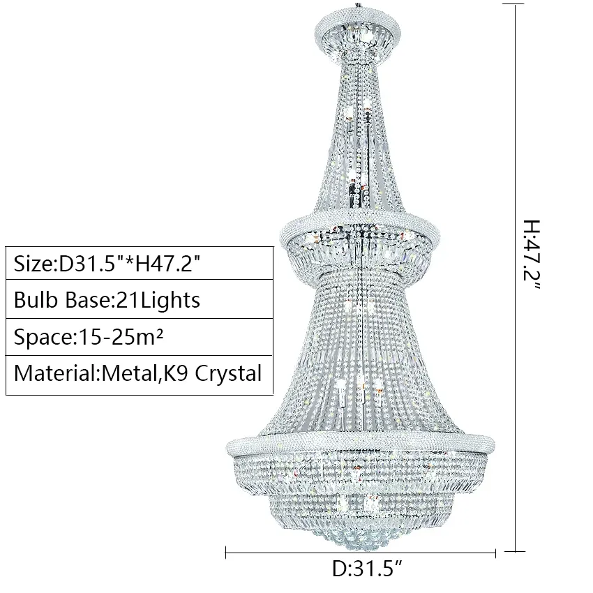 Silver/Chrome Extra Large Empire Style Crystal Chandelier for Foyer/Entryway/Staircase