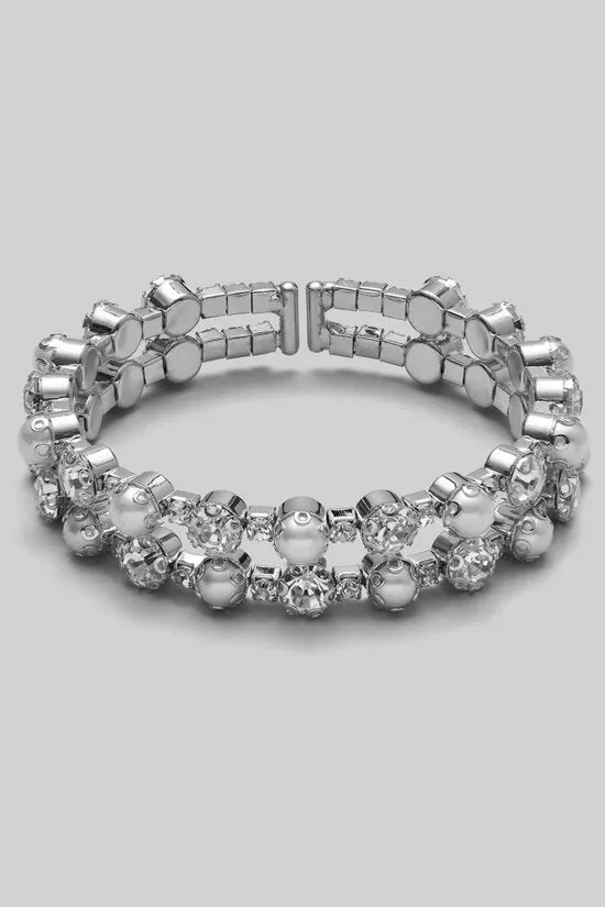 Silvertone Pearl Rhinestone Statement Bracelet