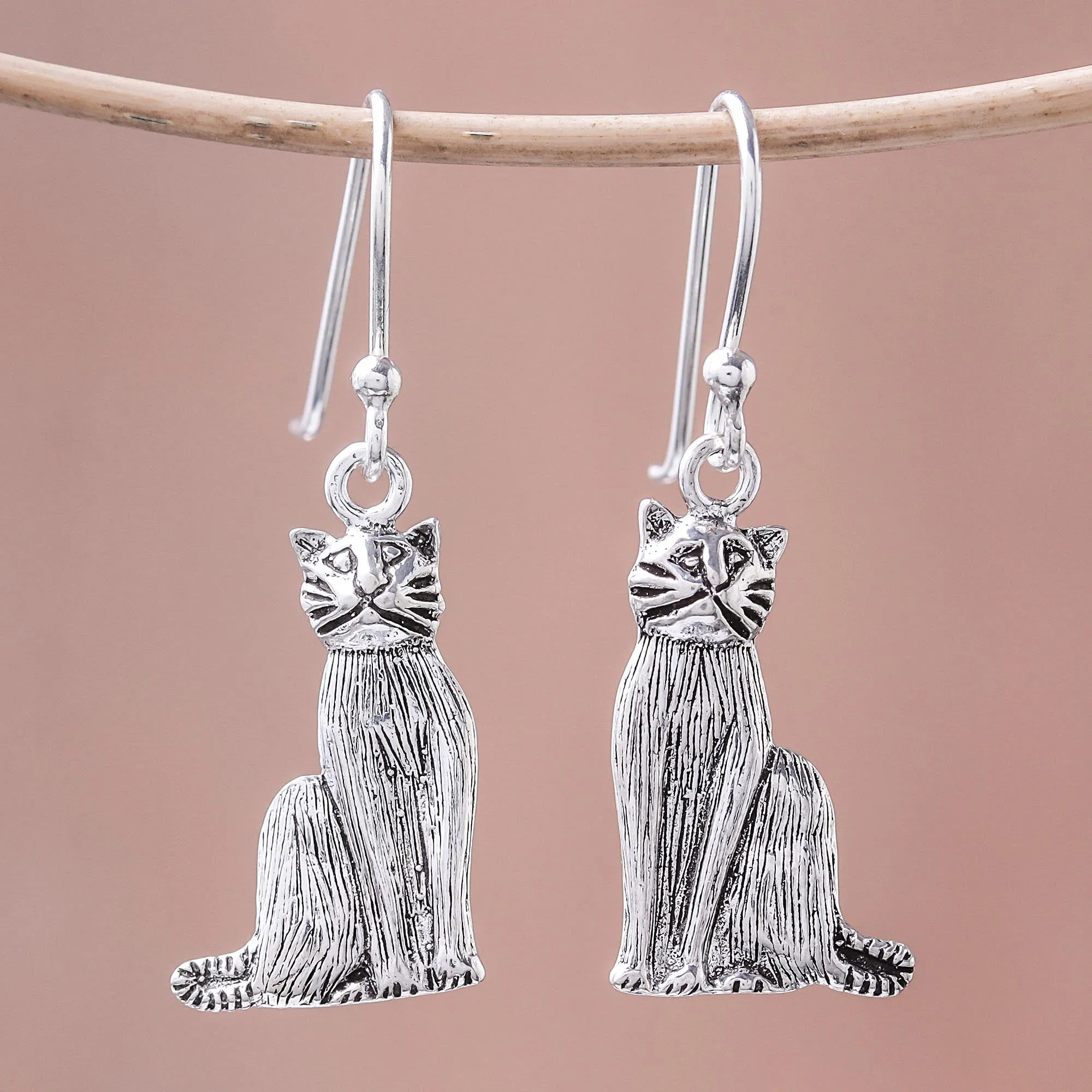 Sterling Silver Cat Dangle Earrings from Thailand - Mister Cat | NOVICA