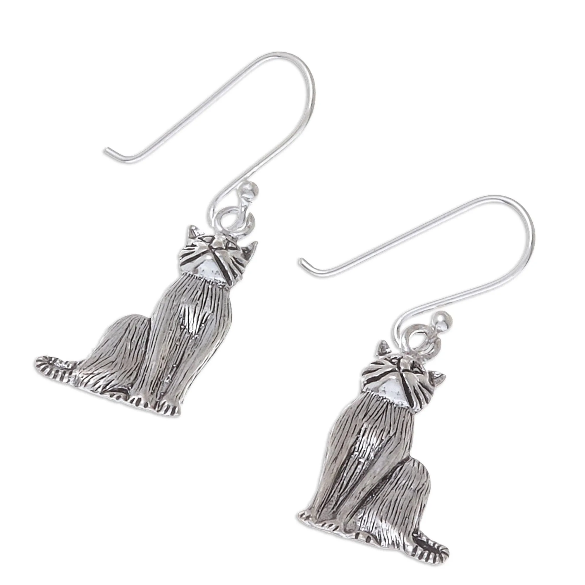 Sterling Silver Cat Dangle Earrings from Thailand - Mister Cat | NOVICA