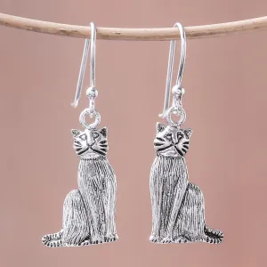 Sterling Silver Cat Dangle Earrings from Thailand - Mister Cat | NOVICA