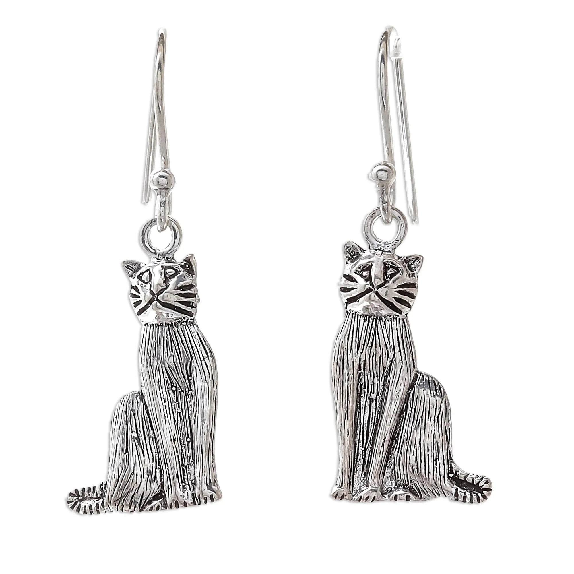 Sterling Silver Cat Dangle Earrings from Thailand - Mister Cat | NOVICA